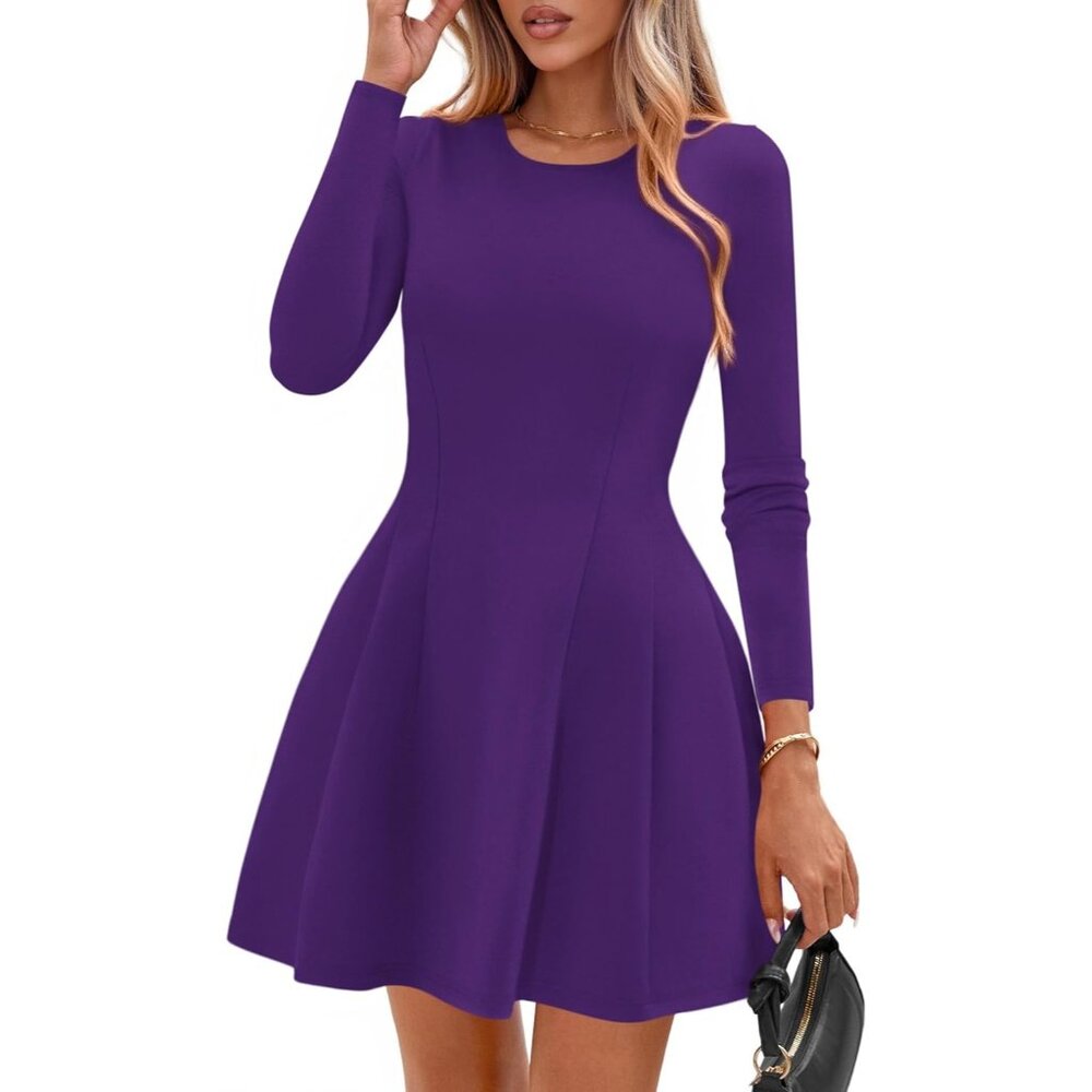 Long Sleeve Purple Mini Dress Women Fall 2025 Crewneck Line Babydoll Casual